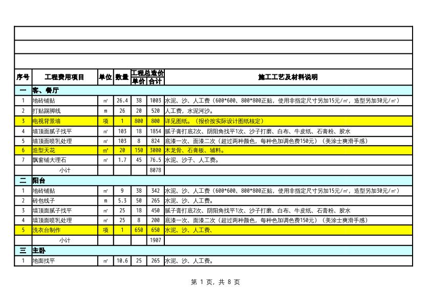 装修预算清单实例